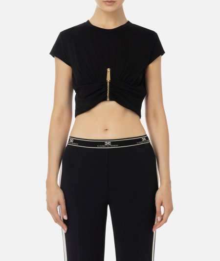 T-shirt cropped in jersey con zip