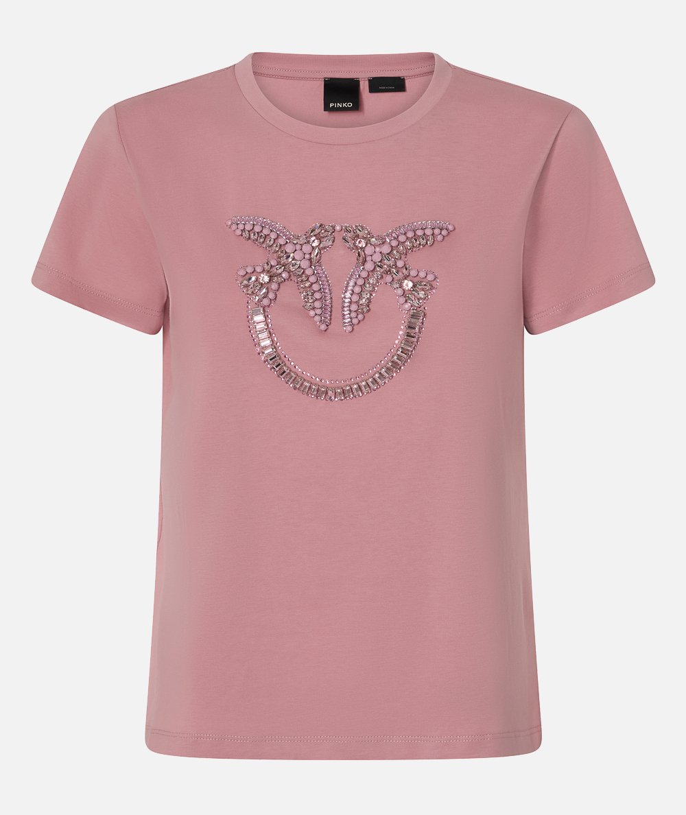 T-shirt con ricamo logo Love Birds in cristalli