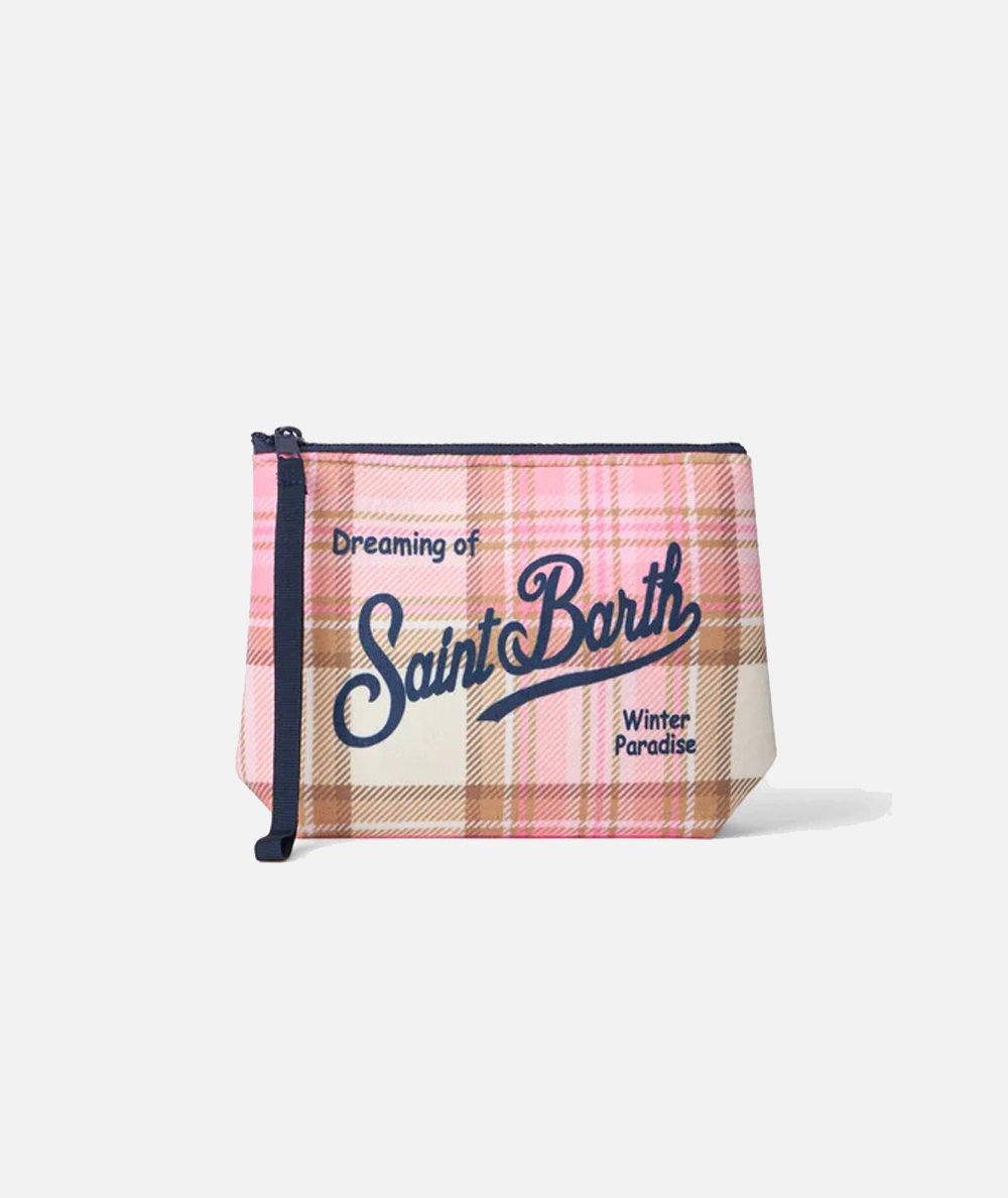 Pochette Aline in velluto con stampa tartan rosa