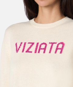 Maglione da donna bianco New Queen con stampa Viziata e strass