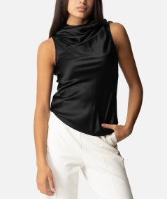 Top con cappuccio in satin di seta stretch