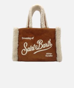 Borsa piccola morbida in pelle di montone color cammello con logo Saint Barth e