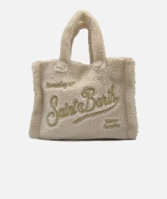 Borsa a mano Soft in sherpa con logo oro ricamato