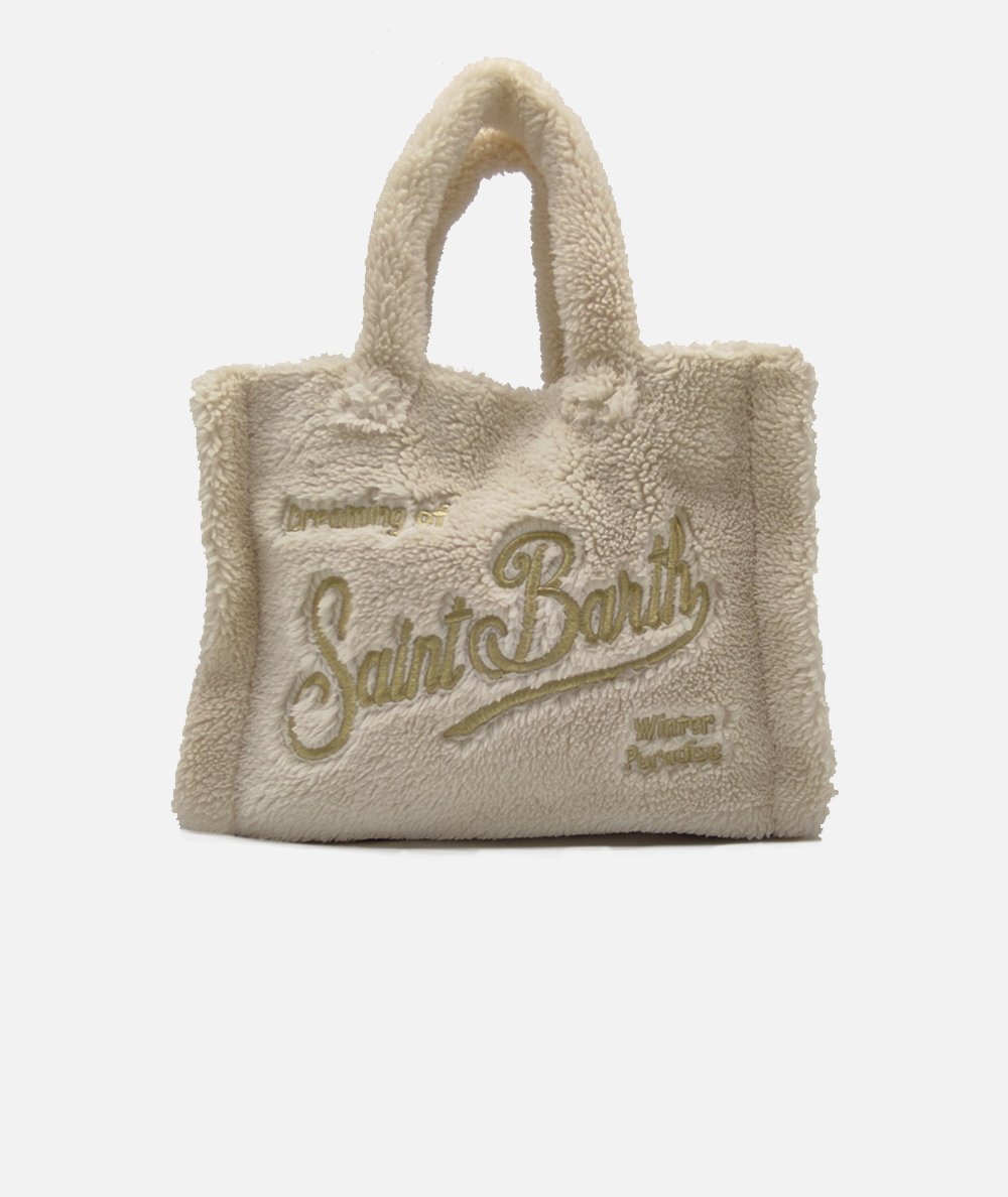 Soft handbag in sherpa with gold embroidered logo