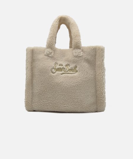 Soft handbag in sherpa with gold embroidered logo