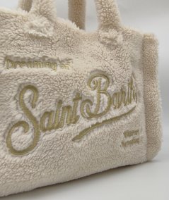 Borsa a mano Soft in sherpa con logo oro ricamato