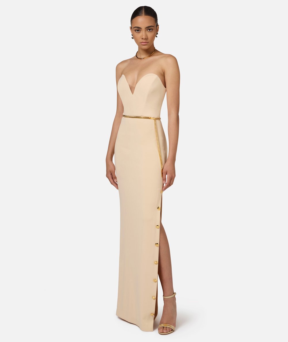 Red carpet dress in crepe with bustier neckline